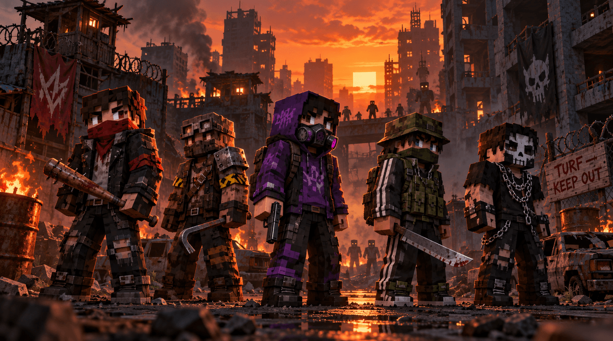 Ilustração de membros de gangues rivais numa rua em ruínas ao pôr do sol, diante de uma placa TURF / KEEP OUT