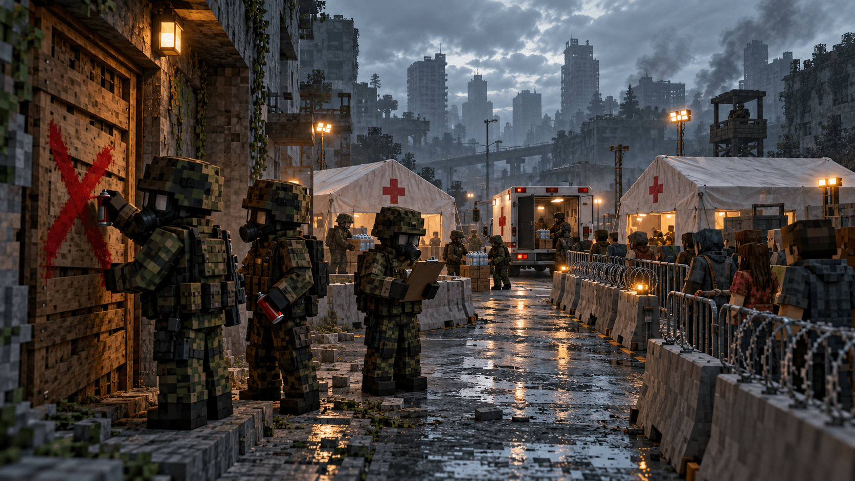 Um posto militar de triagem com tendas brancas e arame farpado; uma equipe de máscara de gás pinta um X na porta de um prédio fechado.