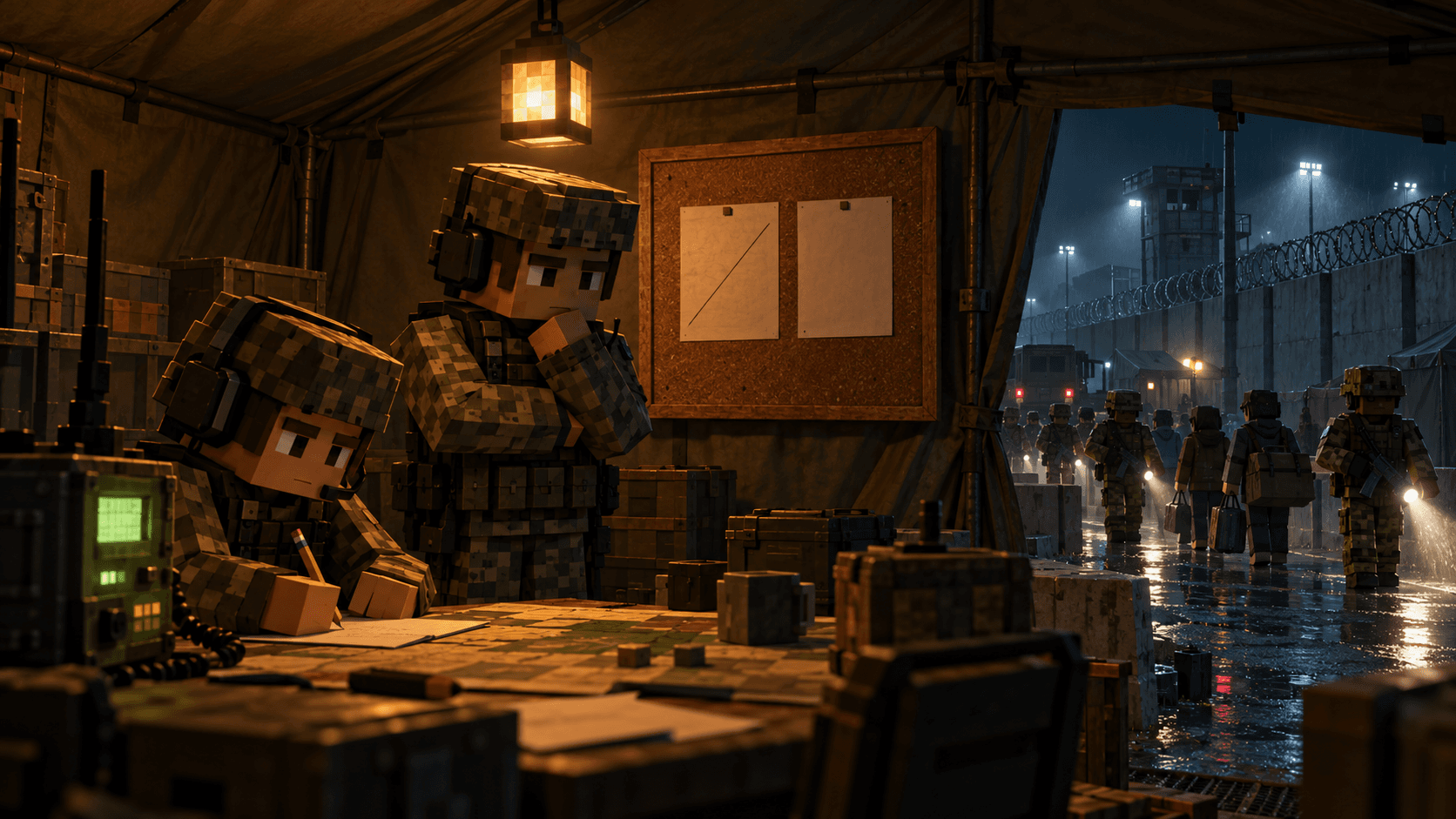 Numa tenda de comando à noite, um operador de rádio escreve enquanto o comandante encara duas ordens presas lado a lado num quadro de avisos.